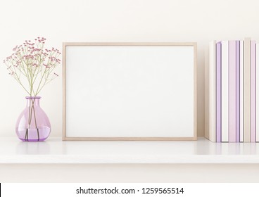 Home interior poster mock up with horizontal frame on shelf, flowers in vase and books on warm white wall background. 3D rendering.