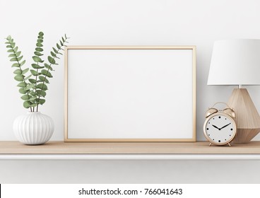 Home Interior Poster Mock Up With Horizontal Metal Frame, Plant In Vase And Lamp On White Wall Background. 3D Rendering.