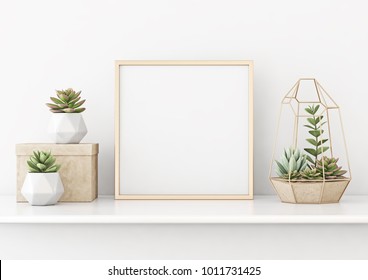 Home interior poster mock up with square gold metal frame and succulents on white wall background. 3D rendering.