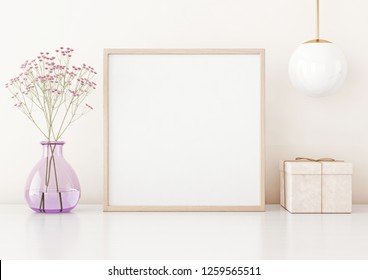 Home Interior Poster Mock Up With Square Frame On Table, Flowers In Vase, Lamp And Box On Warm White Wall Background. 3D Rendering.