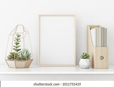 Home interior poster mock up with vertical gold metal frame and succulents on white wall background. 3D rendering.