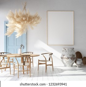 Home Interior With Poster Mockup, Scandinavian Bohemian Style, 3d Render