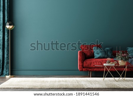 Home interior with red sofa, table and decor in green living room, 3d render