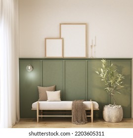 Home Interior Relaxing Area With Bench,pillow,plant,empty Frame,wall Lamp And Green Wall Moulded 3d Render 