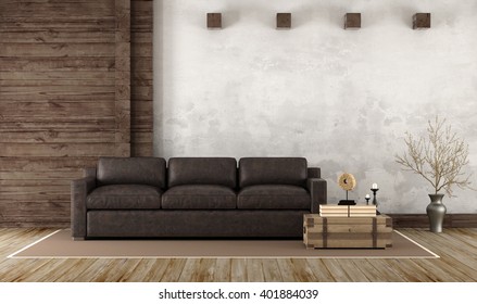 Home Interior In Rustic Style With Leather Couch And Old Wooden Paneling - 3d Rendering