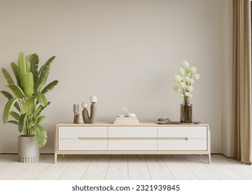 Home interior with sideboard and decor on white wall background. Wall mockup, 3d render
