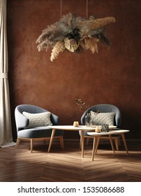 Home Interior Trend, Dark Room With Chairs, Coffee Table 
And Dry Grass Bouquet Hanging Above, Living Room With Old Grunge Brown Wall, 3d Render