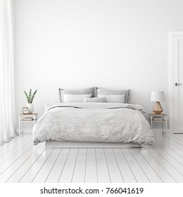 Home interior wall mock up with unmade bed, cushions, curtains and green plant in white bedroom. 3D rendering.
