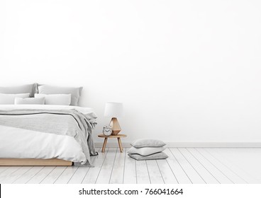 Home interior wall mock up with unmade bed, plaid,cushions and lamp in white bedroom. Free space on right. 3D rendering.