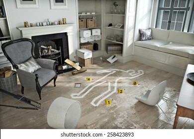 Home invasion , crime scene in a wrecked furnished home. Photo realistic 3d scene.
