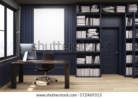 home library with bookshelves by the sides of a door and a brown table with computer - Home Library Bookshelves home library with bookshelves by the sides of a door and a brown table with computer - Home Library Bookshelves