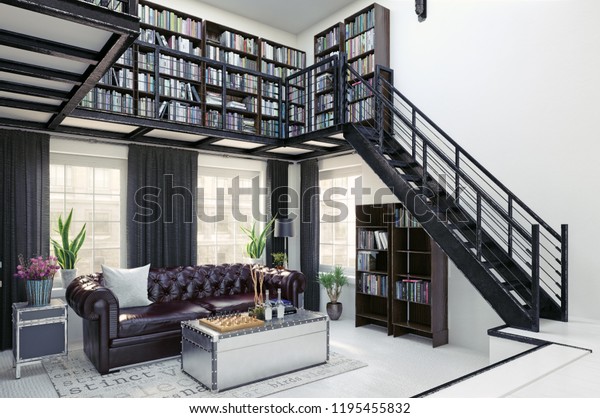 Home Library Interior Design 3d Rendering Stock Illustration