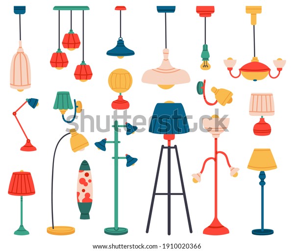 Home
light. Interior lamps, ceiling lamps, pendant, reading lamp,
spotlight and floor lamp. Indoor lighting  illustration set.
Electric lamp home, indoor chandelier
contemporary