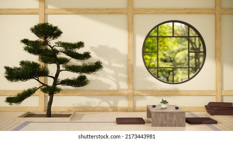 Home living room interior design in traditional Zen Japanese style with traditional Japanese lounge table on Tatami floor, round window and Bonsai tree. 3d rendering, 3d illustration