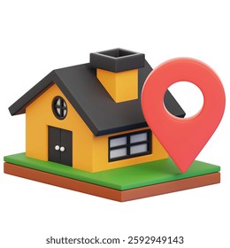 Home Location Concept: A 3D rendering of a house with a location marker, symbolizing real estate, property, and finding your dream home.