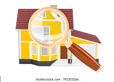 Home with magnifier, 3D rendering isolated on white background