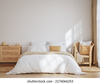 Home Mockup, Bedroom Interior Background With Rattan Furniture And Blank Wall, Coastal Style, 3d Render