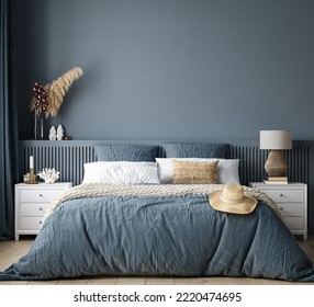 Home Mockup, Cozy Dark Blue Bedroom Interior Background, 3d Render