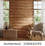 Home mockup, cozy log cabin interior background, 3d render