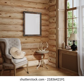 Home Mockup, Cozy Log Cabin Interior Background, 3d Render