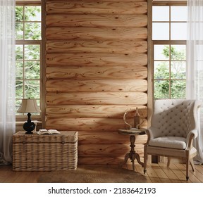 Home Mockup, Cozy Log Cabin Interior Background, 3d Render