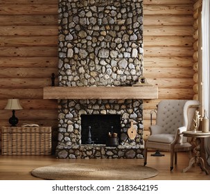 Home Mockup, Cozy Log Cabin Interior Background, 3d Render