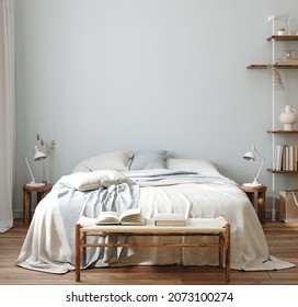 Home mockup, cozy Scandinavian style bedroom interior, 3d render