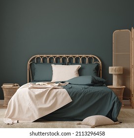 Home mockup, dark blue bedroom interior background with rattan furniture, 3d render