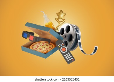 Home Movie Items, Film Reels, Remote, 3D Glasses, Pizza, Orange Juice, Award Plaques. 3D Render Illustration