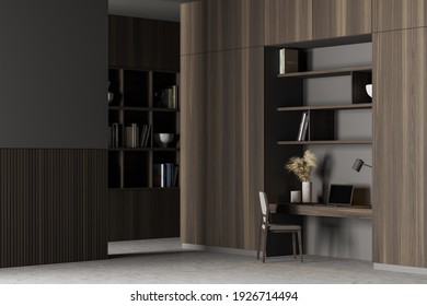 Home Office. Cabinet Interior With Table, A Bookshelf, A Chair And Computer. Work At Home Concept. 3d Rendering. No People.