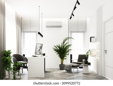 Home office design with warm tones and wood with working desk, decorative wall and armchair on parquet floor. have a plant corner in the house with wood blind and sheer curtain at windows 3d render