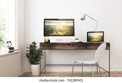 Home Office Devices 3d Rendering Website Cms Responsive Design. 