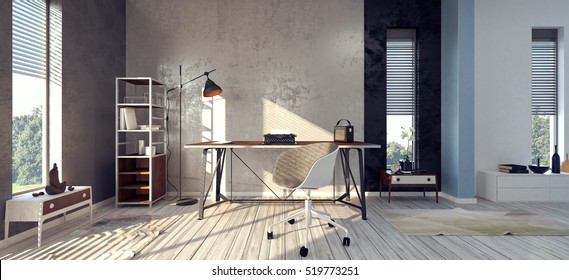 Home Office Interior 3D Illustration, 3D Rendering