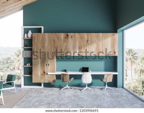 Home Office Interior Blue Green Walls Stock Illustration