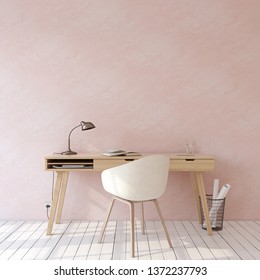 Home Office. Interior Mockup. Wooden Desk Near Empty Pink Wall. 3d Render.