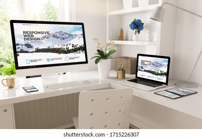 home office set up with responsive snow mountain website 3d rendering
