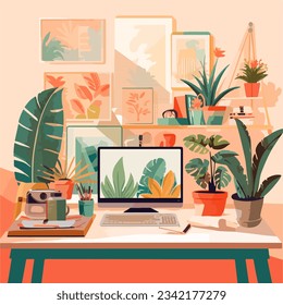 home office setup vector illustration - Powered by Shutterstock