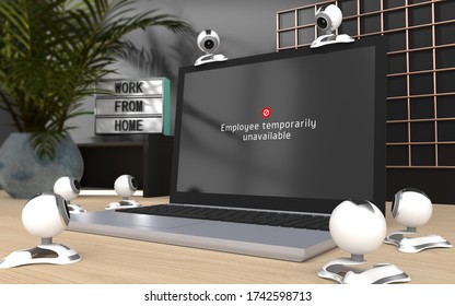 Home Office, Working From Home Having Online Video Conference, Have A Break, Monitoring Employee Performance, 3d Rendered Laptop With Web Cameras Watching Unavailable Sign On The Screen