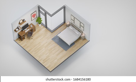 Home office with working table and bedroom in real estate sale or property investment concept. Isometric low poly part of house 3d rendering.