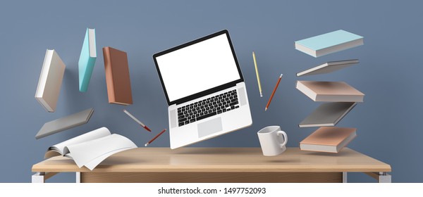 Home office workplace mess concept with laptop mockup and other objects flying in the air. Clipping path included. 3D Render