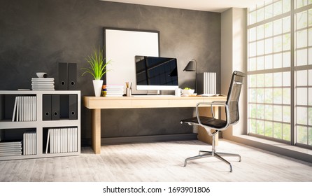 Home Office - Workspace At Home With A Large Window - 3D Illustration