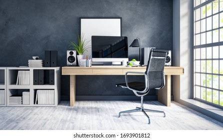 Home Office - Workspace At Home With A Large Window - 3D Illustration