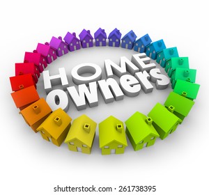 Home Owners words in white 3d letters surrounded by many houses to illustrate homeownership in a neighborhood or community and achiving the dream of owning property