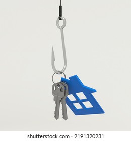 Home Ownership Trap. 3D Illustration Of House Keys With Blue House Ornament Hanging On Fishing Hook As Bait. Credit, Borrowing And Apr Interest Trap.