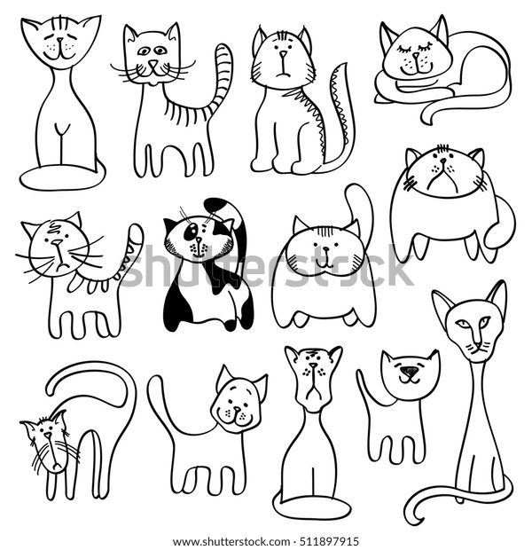 家のペット 落書き風かわいい猫 猫動物の落書きと猫イラストセット のイラスト素材