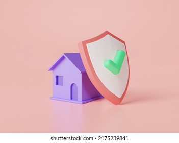 Home Protection With Shield And Check Mark On Pink Background. Smarthome Security, Home Insurance, Insurance For Real Estate, Private Property Protection, Home Secure Concept. 3d Render Illustration