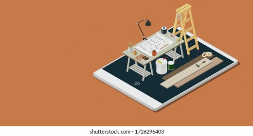 Home Renovation And DIY App: Architect Desk With House Project And Isometric Work Equipment On A Smartphone Display, 3D Illustration