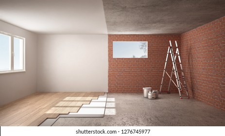 Home renovation, restructuring process, repair and wall painting, construction concept. Brick and painted walls, parquet floor, walls laying and covering, architecture interior design, 3d illustration
