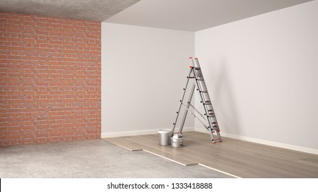 Home renovation, restructuring process, repair and wall painting, construction concept. Brick and painted walls, parquet floor, walls laying and covering, architecture interior design, 3d illustration