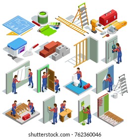 Home Repair Isometric Icons Set Of Different Renovation Procedures Workers And Tools Isolated  Illustration